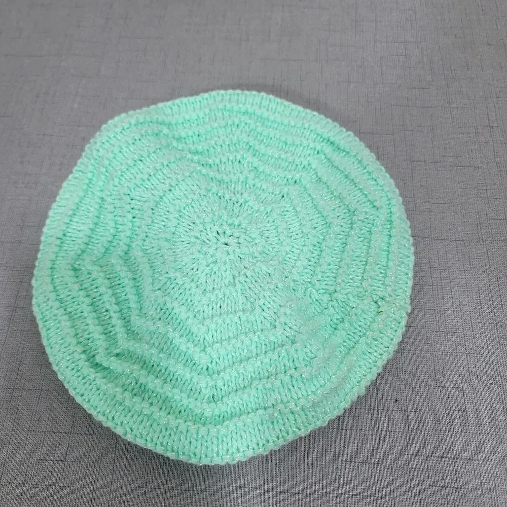Vintage 70s Handmade Mint Green Metallic Glitter Ribbed Knit Beret Hat Hippie‎